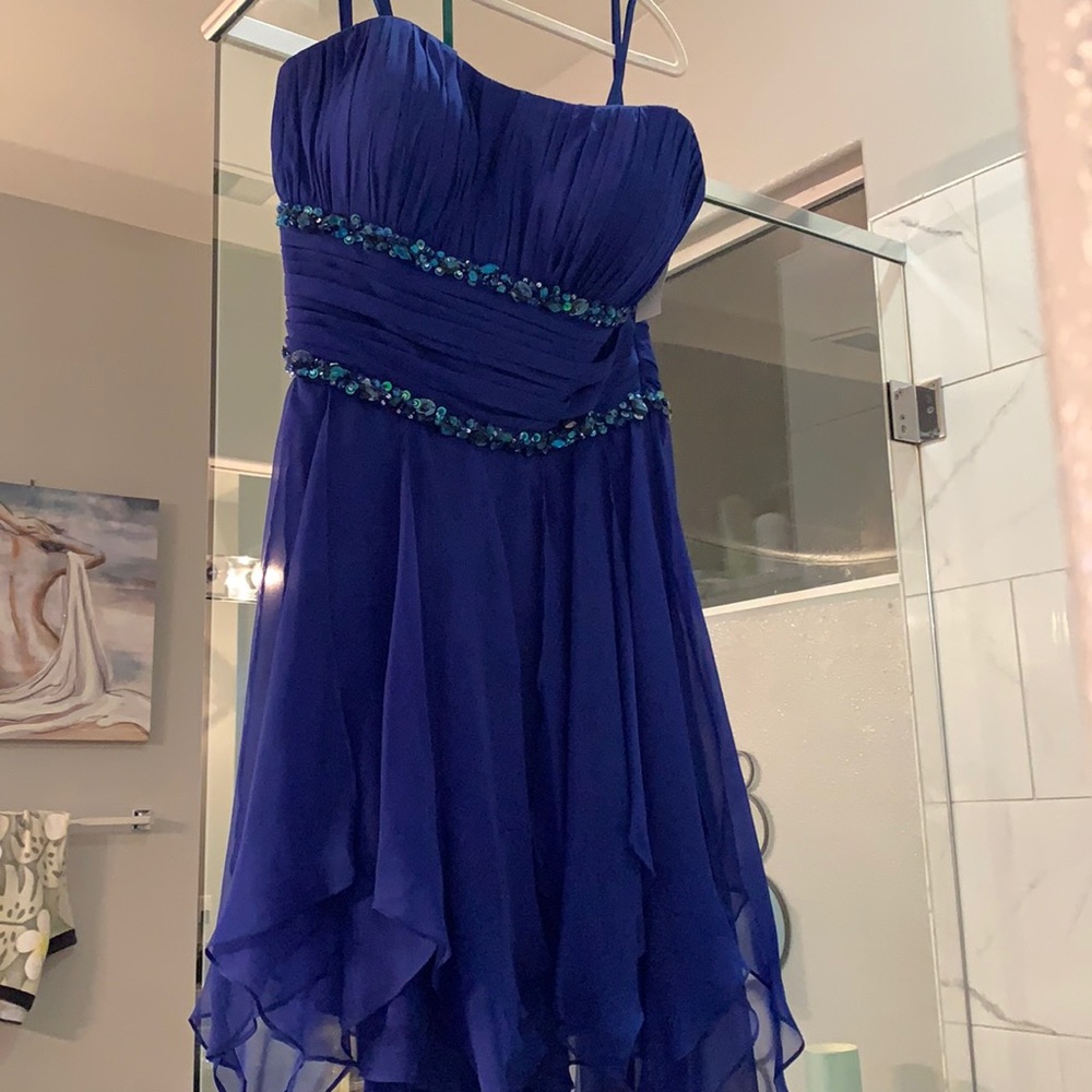 Strapless blue cache high low dress in size 10